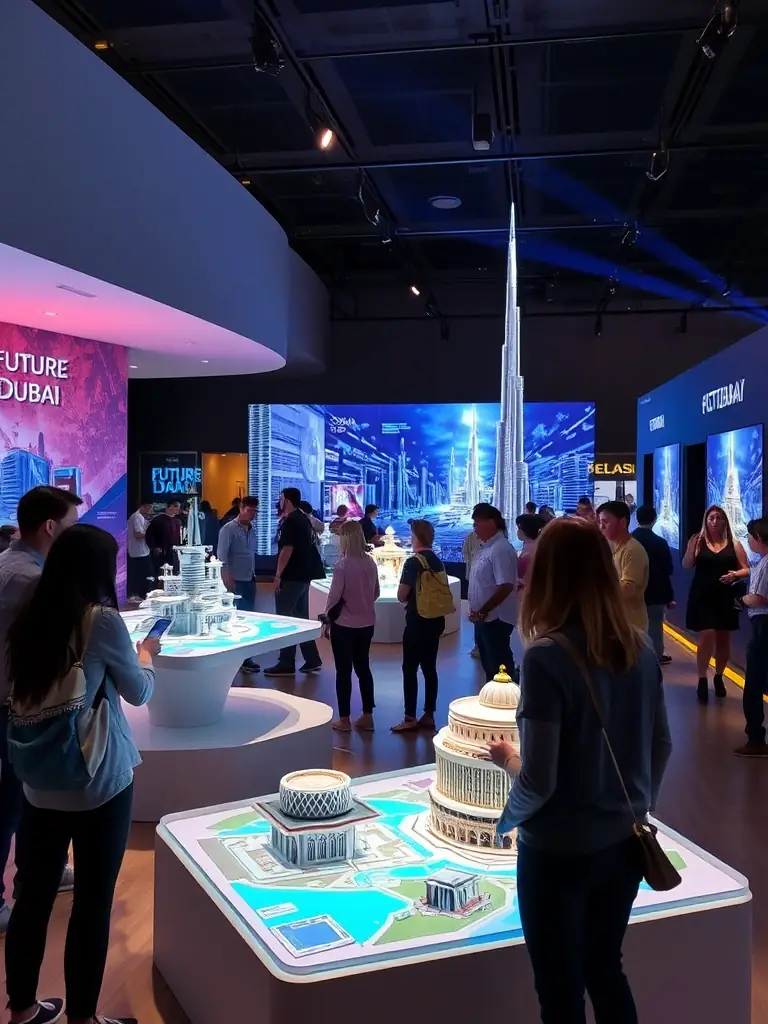 A photograph of the 'Future Dubai' exhibit, featuring interactive displays and futuristic architectural models, with visitors engaging with the technology.