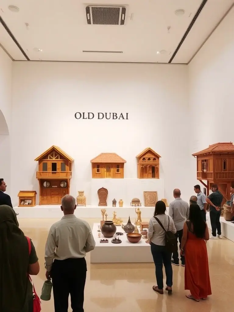 A photograph of the 'Old Dubai' exhibit, showcasing traditional Emirati houses and artifacts, with visitors observing the display.