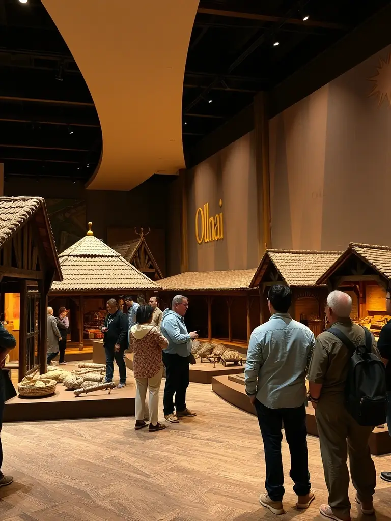 A detailed photograph of the 'Old Dubai' exhibit, showcasing traditional Emirati houses and artifacts, with visitors observing the display.