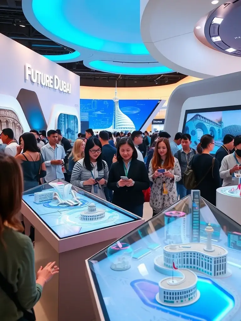 A captivating image of the 'Future Dubai' exhibit, featuring interactive displays and futuristic architectural models, with people engaging with the technology.