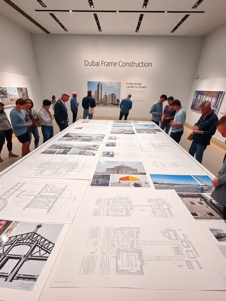 A photograph of the 'Dubai Frame Construction' exhibit, displaying the architectural plans and construction process of the Dubai Frame, with visitors examining the blueprints.