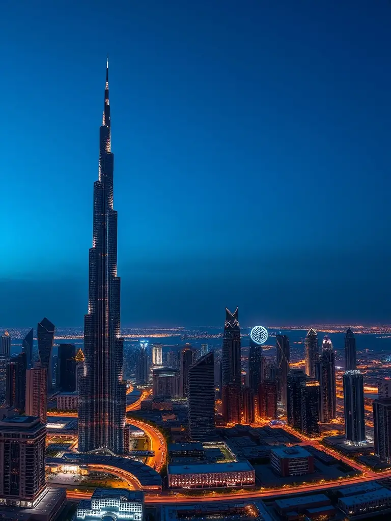 A photograph of the 'Panoramic Views' exhibit, showcasing the breathtaking views of Dubai's skyline from the top of the Dubai Frame, with visitors taking photos.